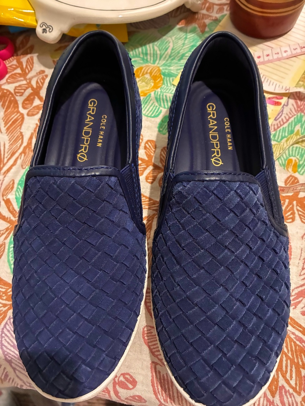Cole Haan Grand Pro leather & suede woven slip on shoes. Size 7.5B NWOT Navyblue